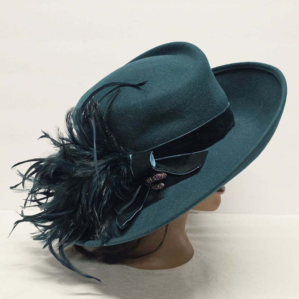 Vintage Plaza Suite NY Teal Wool Formal Hat Feathers Accent Church Evening Derby